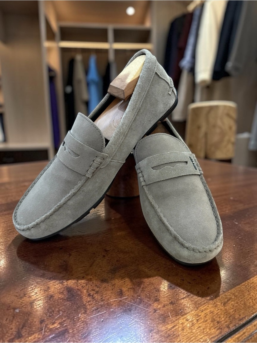 Coach Mott Driver Suede Penny Loafer Stone Grey US 10D NWOT Quiet Luxury